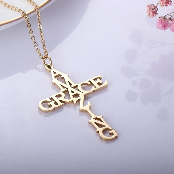 Stainless Steel Amazing Grace Cross Necklace - Gold, Christian Faith, Church - Picture 3 of 11